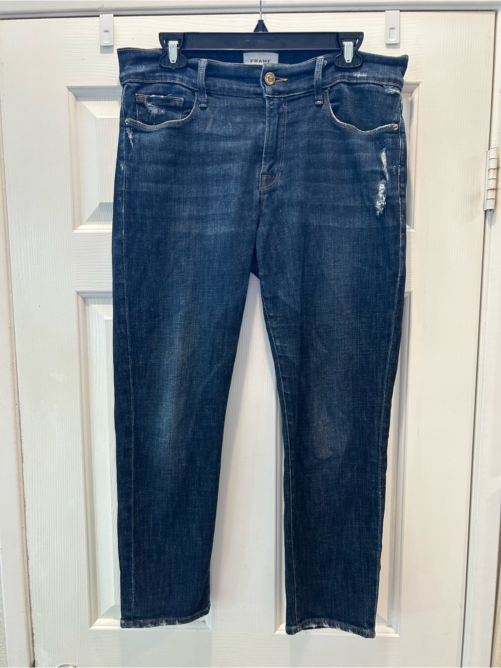 FRAME Le Garçon Jeans Women’s Size 32 Dark Wash Distressed Straight Crop - Picture 4 of 13
